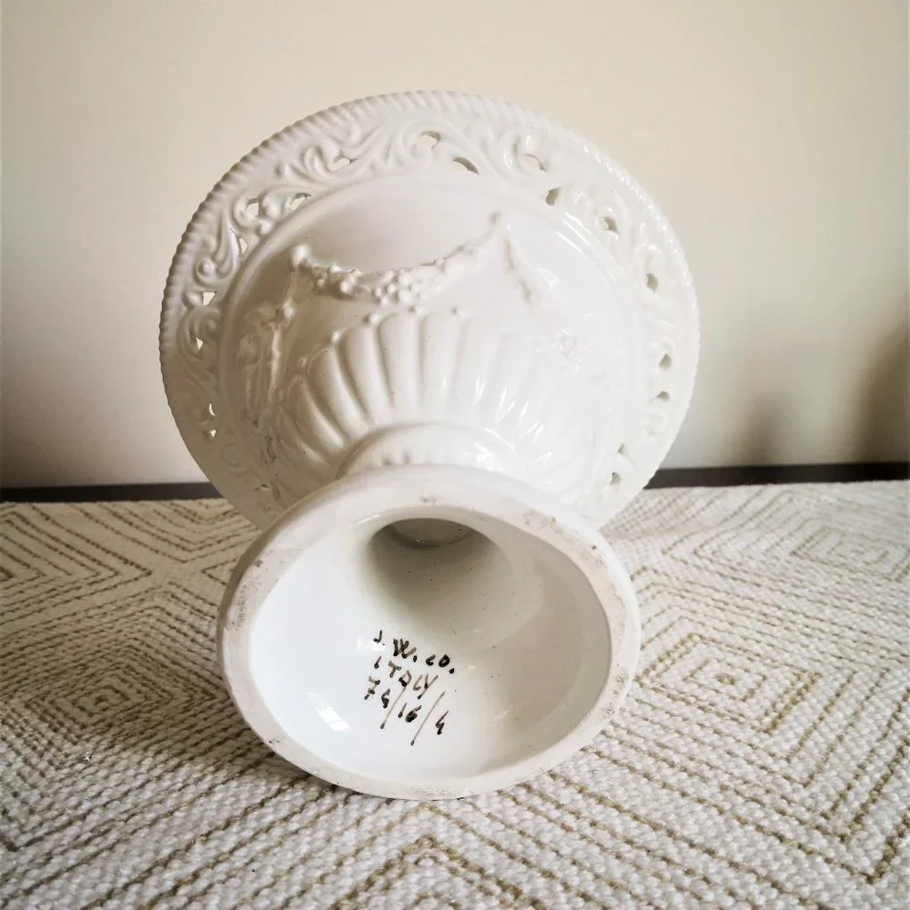 Italian Artsy White Pierced Rim Pedestal Centerpiece by‎ J. W. Company Decor